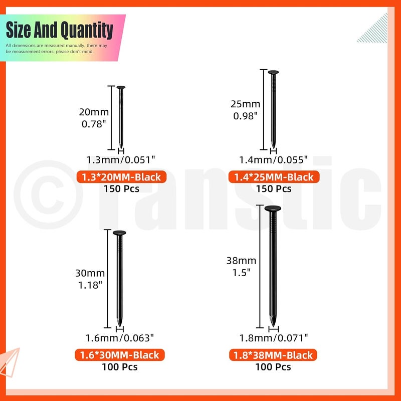 Tanstic 500Pcs 4 Sizes Hardware Nails Assortment Kit Finishing Nails Nails for Hanging Pictures Small Nails Wall Nails for Picture Hanging Woodworking(Black) - Image 2